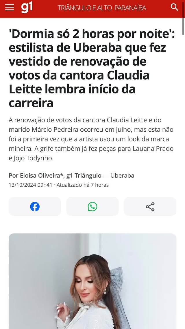 A trajetória de Pati Olie @patiolieestilista , a estilista das famosas! 💫Ela, que já assinou looks de formandas, madrinhas e noivas, agora compartilha sua história de determinação e sucesso em uma matéria exclusiva no G1, o maior portal de notícias do Brasil! ✨“Eu dormia só 2 horas por noite”, relembra Pati, que começou sua carreira em Uberaba e hoje veste personalidades como a cantora @claudialeitte . Quer saber mais sobre essa história inspiradora?👉 Confira a matéria completa no site do G1: https://g1.globo.com/mg/triangulo-mineiro/noticia/2024/10/13/✍🏻🪡👰🏼‍♀️💍📖#PatiOlie #EstilistaDasFamosas #Moda #AltaCostura #ClaudiaLeitte #Formandas #Madrinhas #Noivas #Inspiração #CarreiraDeSucesso #G1 #TriânguloMineiro #Uberaba #MinasGerais by @patiolie