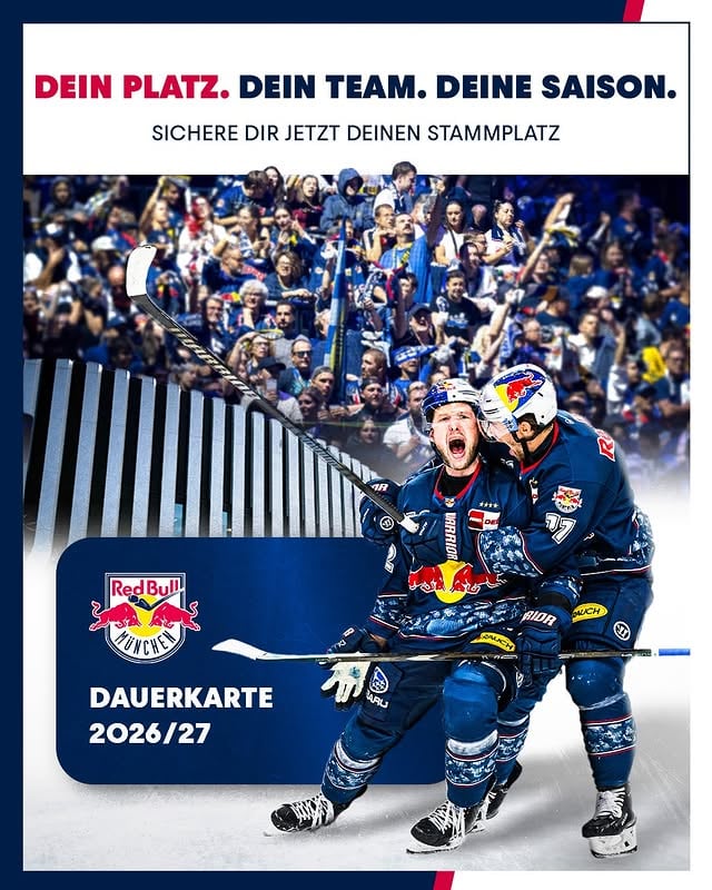 Seid dabei: Dauerkarte für die DEL-Saison 2026/27 🎟️ Die Dauerkarte für die kommende Spielzeit 2026/27 ist da! Sichert euch die Dauerkarte bis zum 30. April 2026 und profitiert vom Frühbucherrabatt von bis zu 604 Euro. Zudem habt ein Vorkaufsrecht für die Playoffs der noch laufenden Saison 2025/26. Eure Dauerkarte gilt außerdem als Fahrkarte für Bus und Bahn im MVV-Netz (Zonen M–6) zur kostenfreien An- und Abreise. Verpasst ihr einmal ein Spiel, lässt sich die Dauerkarte unkompliziert über unseren Ticket-Transfer an andere weitergeben.👉 Link in der Story und in den 🎟️ Highlights#redbulls #münchen #dauerkarte by @redbullmuenchen