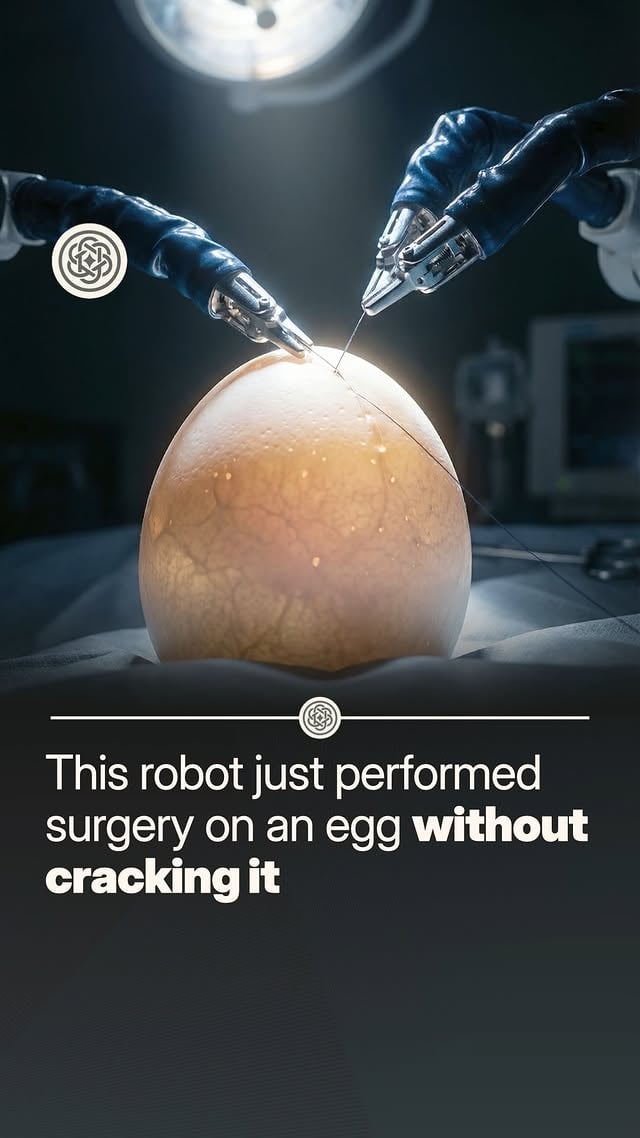 The kind of steadiness that doesn't get tired, doesn't get nervous, and doesn't have an off day.This isn't a party trick. It's a demonstration of exactly the capability that is transforming modern surgery.The same fine motor control that handles an eggshell without breaking it is already being applied to procedures on the human eye, the heart, and the spine, operations where a fraction of a millimeter is the difference between success and permanent damage.For decades, surgical outcomes depended almost entirely on the skill and steadiness of the person holding the instruments.That is starting to change.Would you dare getting surgery from a robot?👇 by @aioverviews