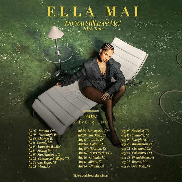 DO YOU STILL LOVE ME? US 2026 TOUR coming to a city near you this summer with my fellow lovergirls @amamissya and @girlfriend.____ 💛 head to ellamai.com/tour now to sign-up for early access&presale! all tickets on sale THIS FRIDAY! UK&EUROPE dates coming shortly, can’t forget home … see you soon 😘#dyslmtour by @ellamai
