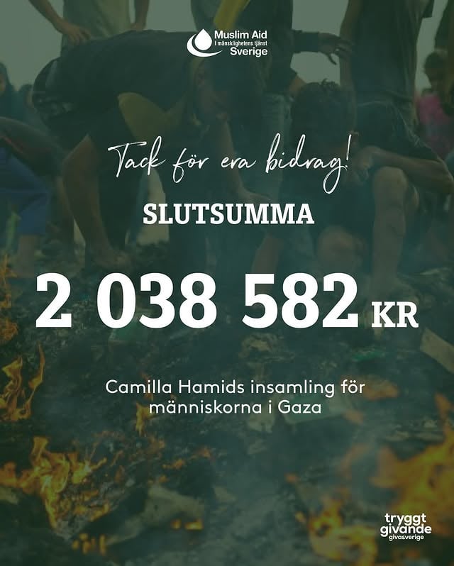 INSAMLINGEN ÄR AVSLUTAD & TILLSAMMANS HAR VI SAMLAT IN 2 038 582kr till människorna i G@za 😭🙏❤️🍉 Ni är helt fantastiska! Jag älskar varenda en av er som donerat, delat & gjort allt ni kan för att vi uppnått den här otroliga summan ❤️ TACK TACK TACK!! Och stort tack till @muslimaidsweden som nu har den stora uppgiften att förvalta era donationer ❤️ Medmänsklighet vinner över allt - tillsammans är vi starka! ❤️ by @camillahamid
