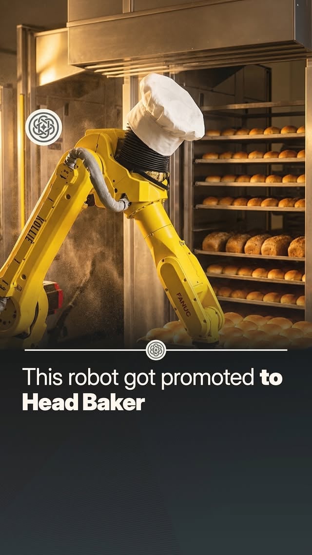 The bakery floor is changing and it's starting with the heavy work.This Dutch bakery runs two FANUC robotic arms handling the full trolley workflow: unloading bread-pan trolleys, passing trays between stations, and placing finished loaves onto the conveyor line.The result? Less physical strain on workers and a production line built to run longer and more reliably.Do you think this is the future?Media: Romias Robotics by @aioverviews