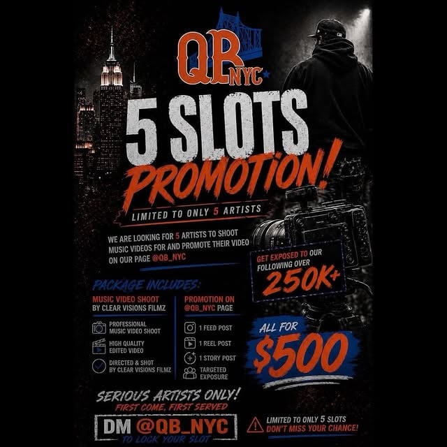 🚨 ONLY 5 ARTISTS. NO EXCUSES. 🚨You’ve got the talent… but are people really seeing it?We’re giving 5 serious artists the opportunity to:🎥 Shoot a professional music video🚀 Get promoted to 250K+ audience on @qb_nyc📲 Gain real exposure (Feed + Reel + Story)This is not just a video…👉 This is visibility, credibility, and level up.🎬 Shot & directed by @clear_vision_filmz💰 All for $500⚠️ First come. First served. Only 5 slots.If you’re ready to move like a pro…📩 DM @qb_nyc NOW to secure your spot! by @qb_nyc