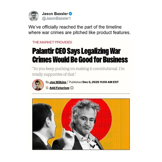 When a company built to fuse intelligence, policing, and predictive warfare starts embedding itself into every layer of civilian life, from health to agriculture, this kind of headline isn’t shocking, it’s inevitable. Palantir’s business model depends on expanding data sets until every human interaction becomes a node in its network. And when profit is tied to total visibility, ethics become a rounding error. As Martin Luther King Jr. warned, “Our scientific power has outrun our spiritual power. We have guided missiles and misguided men.” The surveillance state isn’t growing because it’s efficient, it’s growing because it’s profitable.👉 Follow me on Twitter, Minds, Mewe, and Gettr. 👉 Follow my main: @thefreethoughtproject 👉 Follow my podcast account:@thefreethoughtprojectpodcast 👉 Follow our backup:@thefreethoughtproject.v3 👉 Follow my police accountability account: @policethepolice_official#JasonEBassler #JasonBassler by @jason.e.bassler
