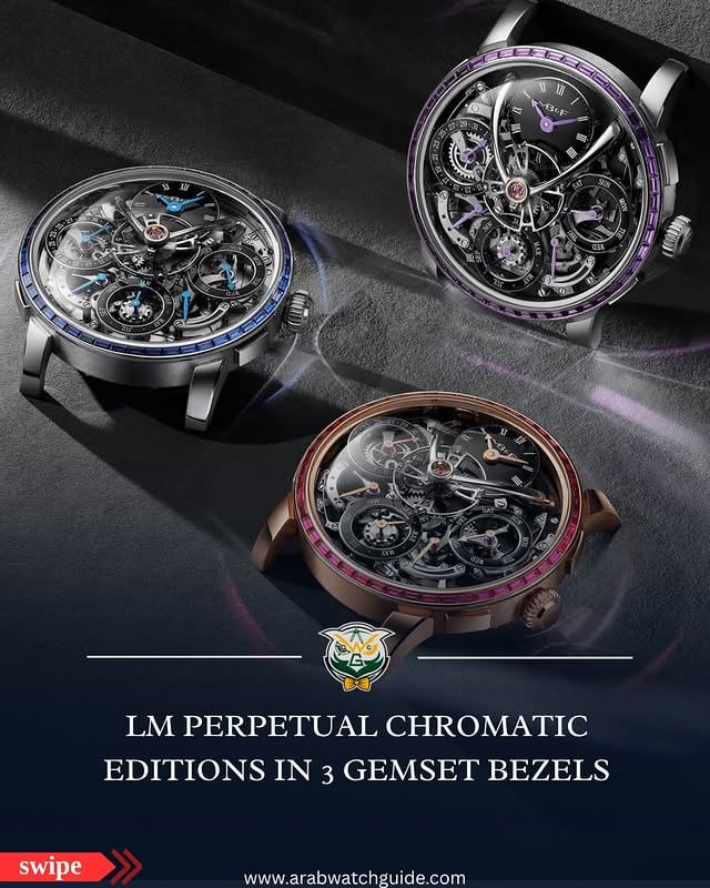 في عام ٢٠٢٦، تعود ساعة LM Perpetual بإصدار محدود للغاية ضمن سلسلة Chromatic، تتميز بإطار مرصع بأحجار كريمة غنية الألوان. صُنعت النسختان الأوليان من الذهب الأبيض عيار ١٨ قيراطًا، وتتميز كل منهما بإطار مرصع إما بالياقوت الأزرق أو البنفسجي. أما النسخة الثالثة، فهي مصنوعة من الذهب الأحمر عيار ١٨ قيراطًا، ومزينة بإطار من الياقوت الأحمر النابض بالحياة.تُحيط بالنسخ الثلاث ٤٨ حجرًا كريمًا مقطوعًا على شكل باغيت، رُصّعت يدويًا بدقة متناهية في STG Creation بجنيف، لتشكل تصميمًا معماريًا أنيقًا يُبرز آلية التقويم الدائم دون التأثير على قطر العلبة.يجمع هذا الإصدار بين ابتكار ستيفن ماكدونيل في تصميم التقويم الدائم وتصميم الأحجار الكريمة الجريء، ويقتصر كل إصدار على ٨ قطع فقط، مما يجعلها من أندر ساعات LM Perpetual التي صُنعت على الإطلاقIn 2026, the LM Perpetual makes a return in a highly limited Chromatic series defined by richly coloured gemstone bezels. The first two editions are executed in 18k white gold, each distinguished by a bezel set with either blue or purple sapphires. The third is rendered in 18k red gold, accented by a bezel of vivid rubies.All three are framed by 48 baguette-cut gemstones, meticulously set by hand at STG Creation in Geneva, forming a refined architectural outline that highlights the perpetual calendar calibre without altering the case diameter.Uniting Stephen McDonnell’s innovative perpetual calendar with bold gemstone design, each edition is limited to just 8 pieces, making them among the rarest LM Perpetuals ever created.@mbandf @maxbusser #arabwatchguide #mbandf #watchfam