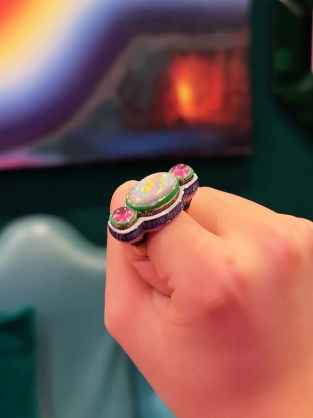 POPTAIL 💥 A multi layered, multi coloured, #ring that I like to think of as a party 🎈 on your hand. #celebrategoodtimes #blackopal enamel #rubies #emeralds sapphires and gemstones galore 🌈 by @solangeazagury