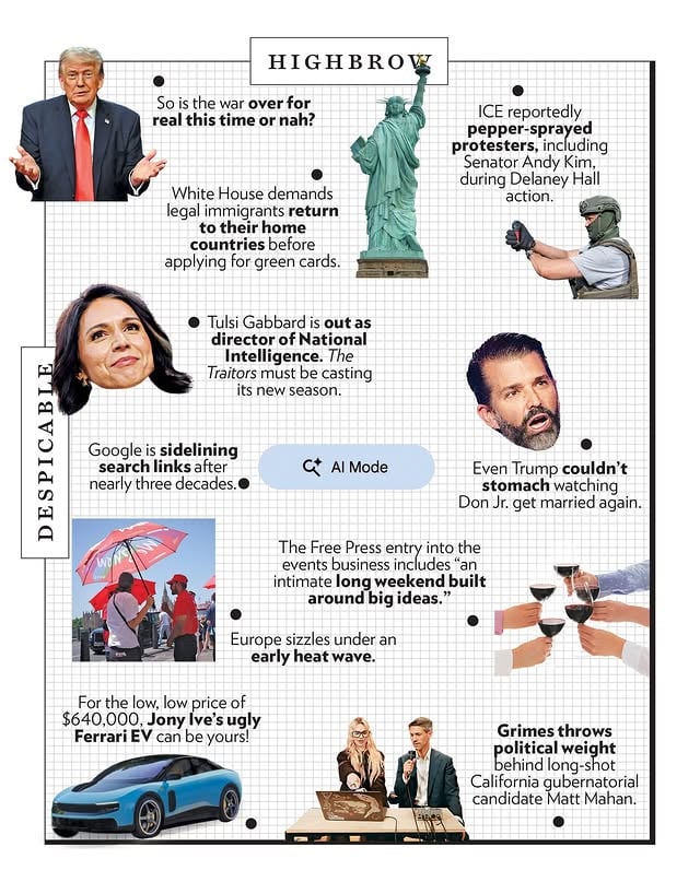 In this week's #ApprovalMatrix: Even Trump couldn't stomach watching Don Jr. get married again (despicable), Everlane sells out to Shein (also despicable), and we’ve got our first Finals berth since 1999 (brilliant!).To read more about what we find highbrow, lowbrow, despicable, and brilliant, subscribe to the magazine at the link in our bio.Photo: New York Magazine by @curbed