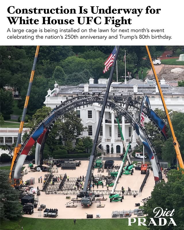 Images of the White House lawn are going viral as construction for a UFC cage match on the site is underway (yes, really). The “UFC Freedom 250” event is slated for June 14, to coincide with the US’s 250th anniversary, Trump’s birthday and Flag Day.“I’ve been involved in a lot of big events,” the president said about the fight last month. “I have never had an event that has had more interest than the UFC fight we have right at the front door.”Trump first mentioned the idea last July 4 while talking about plans for the nation’s anniversary celebration. “Think of this on the grounds of the White House. We have a lot of land there,” he said. The statement came just one day after Vance was deployed to Pakistan for negotiations with officials in Tehran about six weeks into the war with Iran, per MS Now.So to recap what’s happening at the White House complex: on one side, construction crews are building a ballroom where the East Wing once was. On the other, the Rose Garden has been paved over, replaced by a concrete patio. And now at the center, there’s a giant steel cage where fighters will punch each other in front of the president for his 80th birthday. #idiocracy #news #reels #threads #washington