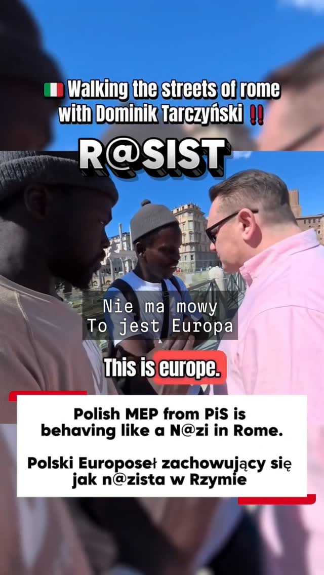 🇵🇱Bardzo „chrześcijański” Dominik Tarczyński, który ostatnio w rozmowie z Bogdanem Rymanowskim nazwał naród izraelski „dziczą”.Tak, pokażę wam ten film. On już jest w obiegu. Jutro.A teraz zobaczcie, jaki to „chrześcijanin”.Atakuje Nigeryjczyków i Somalijczyków, ludzi, którzy próbują zarobić na życie, sprzedając swoje rękodzieło na ulicy. Protestują, bo nie chcą być filmowani. Każdy człowiek ma prawo do swojego wizerunku i do godności.Ale przychodzi Dominik Tarczyński i urządza spektakl pogardy.Zobaczcie też, jak on jest ubrany. Koszula z długim rękawem, krótkie spodenki i adidasy. Klasyczny obraz Polaka lecącego zimą na all inclusive do Egiptu albo Turcji. Na zewnątrz mróz, grudzień, a on już na lotnisku stoi w krótkich spodenkach.I taki człowiek poucza innych o cywilizacji.To jest rasizm. To jest pogarda. To jest kompletna kompromitacja.Gdzie jest papież? Gdzie jest Meloni? Gdzie są chrześcijanie we Włoszech?Czy chrześcijaństwo ma dziś polegać na poniżaniu biednych ludzi z Afryki, którzy po prostu próbują uczciwie zarobić na życie?Very “Christian” Dominik Tarczyński, who recently, in a conversation with Bogdan Rymanowski, called the Israeli nation “savages”.Yes, I will show you that video. It is already circulating. Tomorrow.But now look at what kind of “Christian” he really is.He attacks Nigerians and Somalis, people who are simply trying to make a living by selling their handmade goods on the street. They protest because they do not want to be filmed. Every person has the right to their image and to their dignity.But Dominik Tarczyński comes along and turns it into a spectacle of contempt.And just look at how he is dressed. A long sleeved shirt, shorts and sneakers. The classic image of a Pole flying in winter to an all inclusive resort in Egypt or Turkey. It is freezing outside, it is December, and he is already standing at the airport in shorts.And this man lectures others about civilization.This is racism. This is contempt. This is a complete disgrace.Where is the Pope? Where is Meloni? Where are the Christians in Italy?Is this wha by @heathcliff_janusz_iwanowski_
