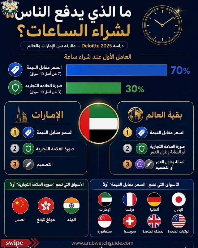 هل تتفقون مع الدراسة؟! خبروني اذا كنوا فالوطن العربي اي بلد وشو رايكم العامل الاهم فب شراء ساعة؟Do you agree with the study!? Tell me where you are from and what criteria matters most?!Source : Deloitte 2025 Consumer study#arabwatchguide #watchfam #ساعات #ساعات_رجالي by @arabwatchguide