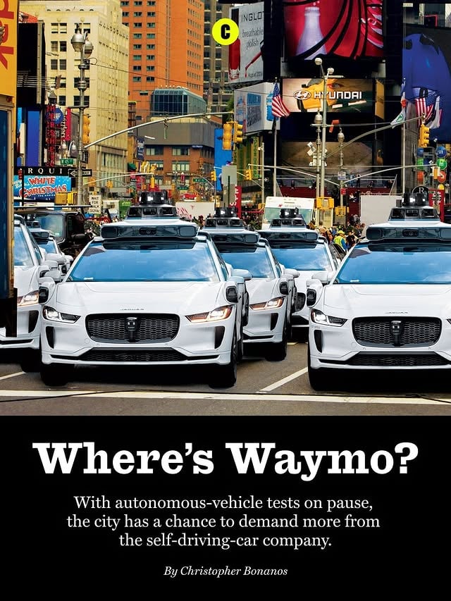 The robots are on the move, whether you can see them or not. Far from New York City, Waymo — the autonomous-driving-technology venture from Alphabet, the company most of us think of as Google — is racking up miles and experience. It’s available to the public in 11 cities, perhaps most prominently in Phoenix and the San Francisco Bay Area, where its autonomous vehicles are well out of the pilot-program stage and increasingly just part of the roadscape. Elsewhere, Waymo is now running more than half a million rideshare trips per week. In New York, though, its cars are all parked.After more than a year of Waymo test-driving around the city, its two permits to test in New York lapsed near the end of March. One was a statewide permit with a carve-out allowing New York City to regulate itself. The second was the city’s own. In reapplying for those permits, Waymo faces little resistance at the state level. Downstate, though, the smart money is on a further delay. As Sarah Kaufman, the director of NYU’s Rudin Center for Transportation Policy and Management, who studies AV policy, put it, “There is an opportunity for us to be last.”There is value in being, at the very least, late, writes city editor Christopher Bonanos (@polaroidland). “As progressive and forward-thinking a city as we can be, we are also wisely skeptical about major shifts that might affect many people who are, economically and otherwise, barely hanging on.” Meera Joshi, who ran the Taxi and Limousine Commission under Bill de Blasio and then served as a deputy mayor under Eric Adams, said that the TLC’s attitude when she ran it was to treat the arrival of AVs as a straightforward matter of consumer protection: The stance, back then, was “It’s never too early to start regulating.”At the link in our bio, Bonanos argues that the city should take the chance to demand more from the self-driving-car company.Photo-Illustration: Source Photographs for Photo-Illustration: George Rose/Getty Images (Street), hapabapa/Getty Images (Waymo) by @curbed