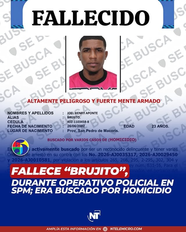 Un hombre que era buscado por su presunta vinculación con una muerte ocurrida en el sector Villa Progreso II, en San Pedro de Macorís, murió tras resultar herido durante un enfrentamiento con agentes de la Subdirección Regional Sureste de Investigaciones (DICRIM), mientras otro joven fue detenido en la misma intervención.El fallecido fue identificado como Joel Henry Aponte (a) “Brujito”, de 23 años, quien era requerido mediante la orden de arresto No. 2026-AJ0019186 por la muerte de Raúl Núñez (a) “Rulo”, de 20 años, hecho registrado el pasado 4 de marzo.Amplíe más detalles en www.ntelemicro.com#NTelemicro5 #EmisiónEstelarNT5 #Muerte #SanPedrodeMacorís #DICRIM