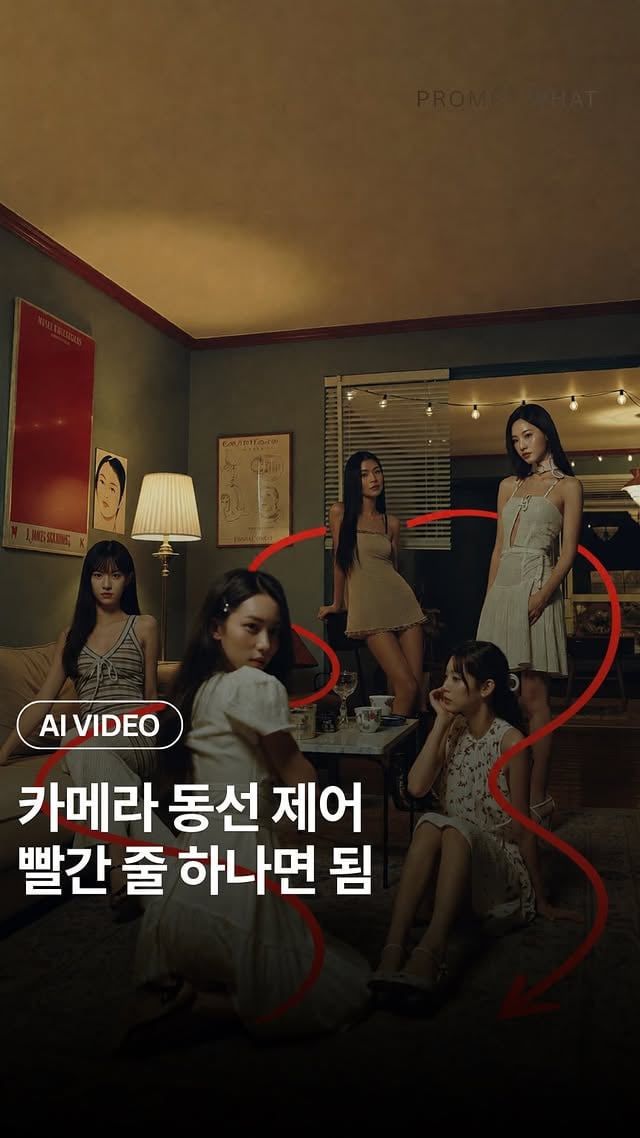 AI 영상에서 카메라 움직임을 제어하는 새로운 방법입니다.

텍스트로 동선을 길게 설명하는 대신
베이스 이미지 위에 빨간 카메라 라인을 먼저 그려두면 
영상 모델이 움직임을 훨씬 명확하게 이해합니다.

이렇게 하면 카메라가 어디서 시작하고, 누구를 지나고
어디에서 멈춰야 하는지 시각적으로 제어할 수 있는데요?

특히 여러 인물과 소품이 있는 실내 장면에서는 이 방식이 꽤 유용합니다. 
인물, 소파, 조명, 포스터를 유지하면서도 
원테이크처럼 움직이는 흐름을 만들기 쉬워지는 셈이죠

간단한 제작법과 영상에 사용한 프롬프트는 
댓글에 “프롬왓” 남겨주시면 보내드릴게요!

A new way to control camera movement in AI video.

Instead of describing the entire camera path with long text, you can draw the route directly on the base image as a red line. This gives the video model a much clearer movement reference.

Create the scene with Higgsfield Soul 2.0, ask GPT to sketch the best camera path, then use that image as a reference in Seedance 2.0. This makes it easier to control where the camera starts, who it passes, and where the shot should end.

For indoor scenes with multiple people and props, this method is especially useful. It helps keep the characters, sofa, lighting, posters, and room layout consistent while creating a one-take style movement.

Comment “프롬왓” and I’ll send you the base image prompts, path-sketch prompt, and Seedance 2.0 video prompts.

edit : @prompt_what tool: Higgsfield Soul 2.0 + GPT + Seedance 2.0