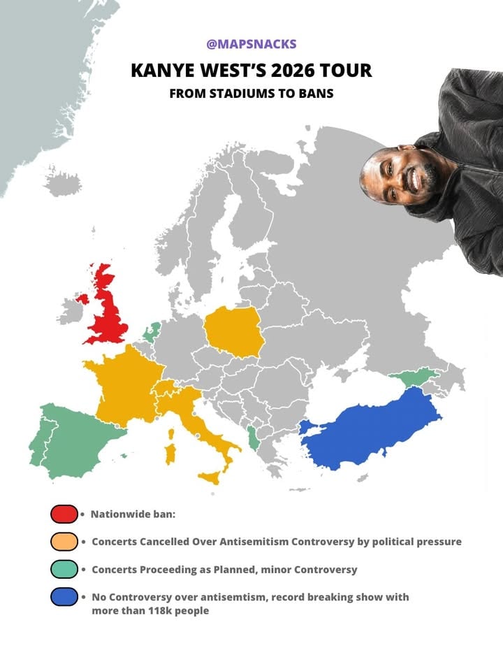 This map shows where Kanye West was/is allowed to perform his 2026 tour

In the grey colored countries Ye did not have any tours planned

In some countries where Ye had planned tours it got cancelled by political pressure because of so called "antisemitic" things Ye earlier said

However in some countries like Turkey there was no controversy at all where his show broke record views

#kanye #europe #kanyewest #ye #explore