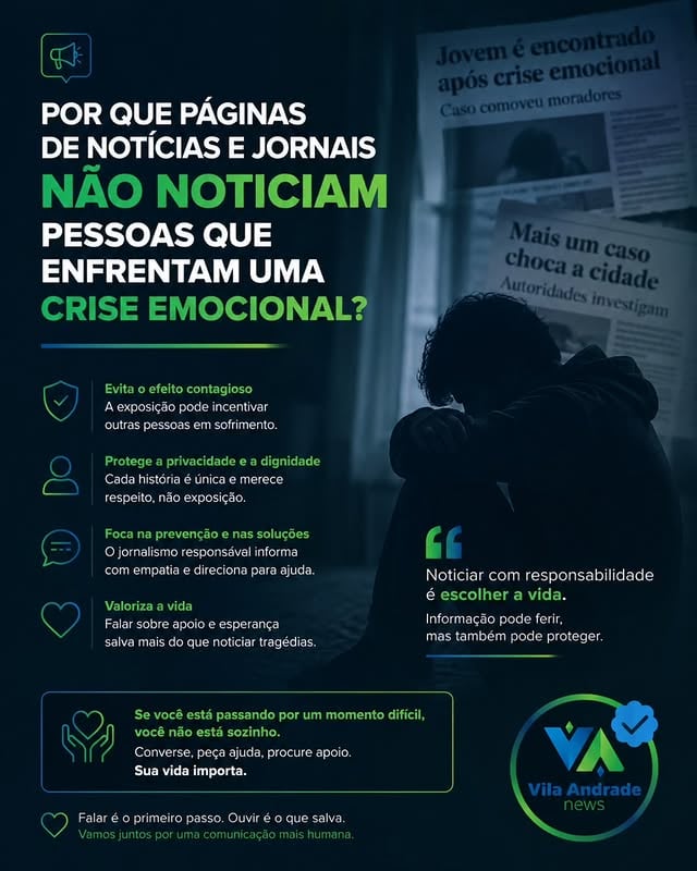 📰 POR QUE JORNAIS E PÁGINAS DE NOTÍCIAS EVITAM DIVULGAR CASOS DE CRISE EMOCIONAL EXTREMA?Muitas pessoas questionam por que veículos de comunicação nem sempre divulgam casos envolvendo pessoas que enfrentam crises emocionais graves.A orientação de especialistas em saúde mental e de entidades ligadas ao jornalismo responsável é que esse tipo de situação seja tratado com cautela, evitando exposição excessiva, detalhes sensíveis e conteúdos que possam causar impacto negativo em pessoas vulneráveis.O objetivo não é esconder os fatos, mas proteger a dignidade das pessoas envolvidas, respeitar familiares e contribuir para a prevenção. Em vez de focar em episódios traumáticos, a recomendação é ampliar a divulgação de informações sobre acolhimento, apoio psicológico e caminhos para buscar ajuda.A informação tem um papel importante na sociedade, mas deve ser compartilhada com responsabilidade, empatia e compromisso com a vida.📞 TELEFONES ÚTEIS• CVV (Centro de Valorização da Vida): 188 (atendimento gratuito, 24 horas por dia)• Chat de apoio do CVV: https://www.cvv.org.br/chat/• Emergências: 192 (SAMU)• Polícia Militar: 190• Corpo de Bombeiros: 193Se você ou alguém próximo estiver passando por um momento difícil, procure apoio. Conversar pode fazer toda a diferença.#vilaandradenews #notícias #188 by @vilaandradenews
