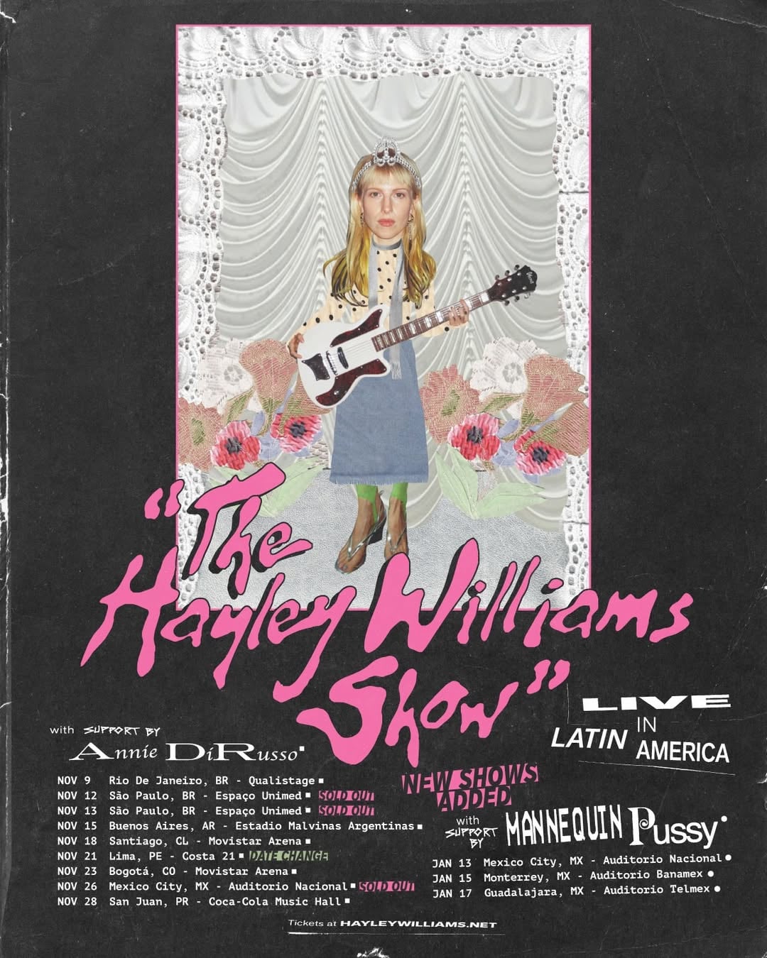 “The Hayley Williams Show” live in Mexico, January 2027. Register for presale now at the link in bio. The Lima, Peru date has been moved to November 21. All tickets remain valid. If you cannot make the new show date, refunds are available at point of purchase. Tickets for the new date go on sale Friday at 10am local. by @yelyahwilliams