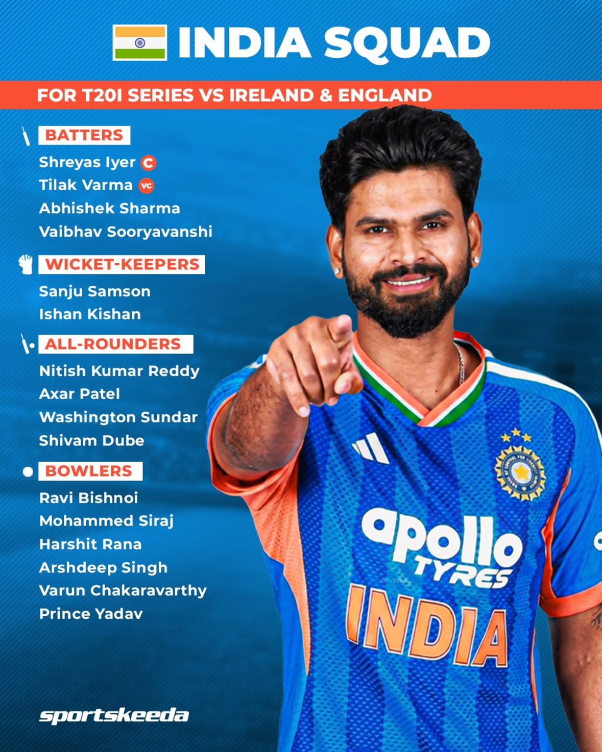 🚨 BREAKING 🚨

India's T20I squad for the upcoming Ireland and England tour is out! 🇮🇳

Shreyas Iyer has been named the new T20I captain, while Suryakumar Yadav misses out on the squad.

A new era begins for Team India. 🔥

#Cricket #India #T20I