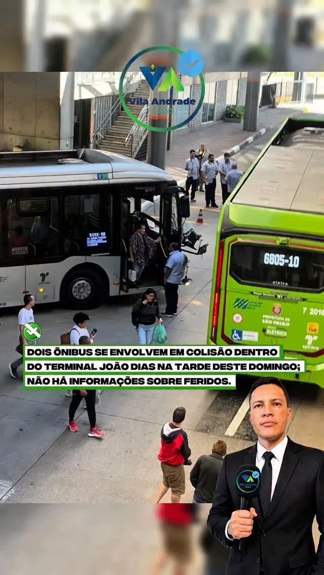 COLISÃO ENTRE ÔNIBUS NO TERMINAL JOÃO DIASAgora há pouco, dois ônibus se envolveram em uma colisão dentro do Terminal João Dias. Segundo informações preliminares, um dos veículos estaria acessando o terminal e não teria percebido a aproximação de um ônibus elétrico, resultando na batida.Até o momento, não há informações sobre feridos. Seguimos acompanhando o caso e traremos novas informações assim que forem confirmadas.#vilaandradenews #noticias by @vilaandradenews