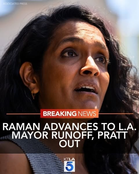 BREAKING: City Councilmember Nithya Raman will advance to the November runoff election for mayor of Los Angeles against incumbent Karen Bass, the Associated Press reported. For Details, click link in bio.