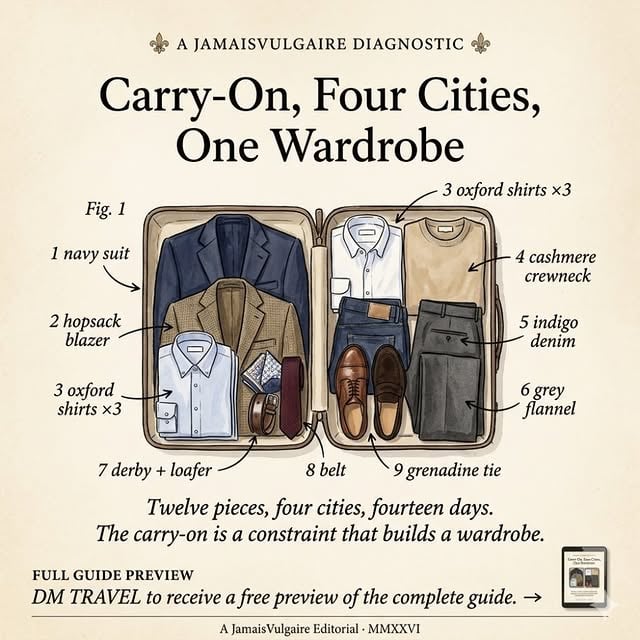 Twelve pieces. Four cities. Fourteen days. The carry-on is not a compromise, it is a discipline.  Two shoes covers every register if you pick the right two. One dark derby, one white sneaker. Three shirts in rotation, one in the wash. A single suit worn three ways. Two merino knits that pack to the size of a fist.  The mistake most men make: they pack for worst-case scenarios that never happen. A dinner that demands black tie. Weather that requires a parka. The carry-on forces a decision the checked bag always defers.  Fourteen days without checking luggage is achievable. What it requires is actually deciding what your wardrobe is. 

Comment TRAVEL for the full guide preview.

Douze pièces. Quatre villes. Quatorze jours. Le bagage cabine n'est pas un compromis, c'est une discipline.  Deux souliers couvrent tous les registres, à condition de choisir les bons deux. Un derby sombre, une sneaker blanche. Trois chemises en rotation, une au lavage. Un seul costume porté trois façons. Deux mailles mérinos qui se compriment à la taille d'un poing.  L'erreur classique : préparer des valises pour des scénarios qui n'arrivent jamais. Un dîner qui exige le smoking. Une météo qui impose un parka. Le bagage cabine force une décision que la soute reporte indéfiniment.  Quatorze jours sans enregistrer de bagages, c'est faisable. Ce que ça demande, c'est de décider, concrètement, ce que ton vestiaire est. 

Commente TRAVEL pour accéder au guide complet.

#carryonpacking #businesstravelpacking #capsuletravelwardrobe #packingformen #carryononly