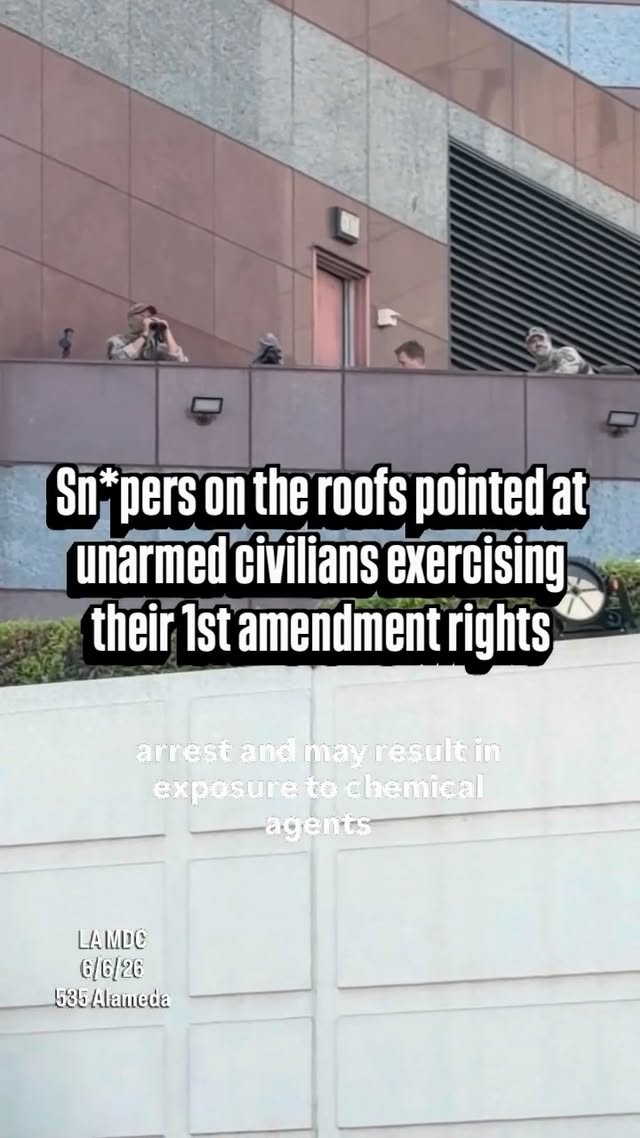 LA MDC, 6/6/26: hundreds of Los Angelenos came out to protest and commemorate 1 year of resistance against the ICE raids. It was non violent, yet DHS had several sn*pers on several roofs watching and aiming at protestors who were on a public sidewalk exercising their first amendment rights. #iceoutofla #stopice #abolishice #fuckice #lamusicfestival