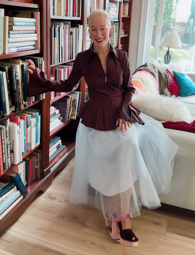 My first adult tulle skirt. The pale blue got me!Now tulle is all over the place…And I love that!Peplum top. I love the Hollywood 40’s look.And the platform shoes. @jeffreycampbell .I know my mother, who was my first fashion role model and icon, would approve.Do you ever dress to please your mother? I do. It’s like I’m connecting with her. I’m saying hi! It feels free and easy, like being a kid again.But being a kid wasn’t easy, was it?There were perks. But the perks of being older are so much greater.Right?!!.....#gracekellystyle #vintagechic #blondebeauty #over70 by @ruth.yunker