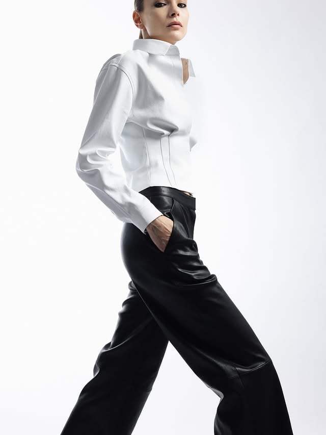 Structure up top. "LAUDA" down below.High-waist wide-leg stretch lambskin, a second skin that rewrites the silhouette.Available on jitrois.com by @jitroisparis