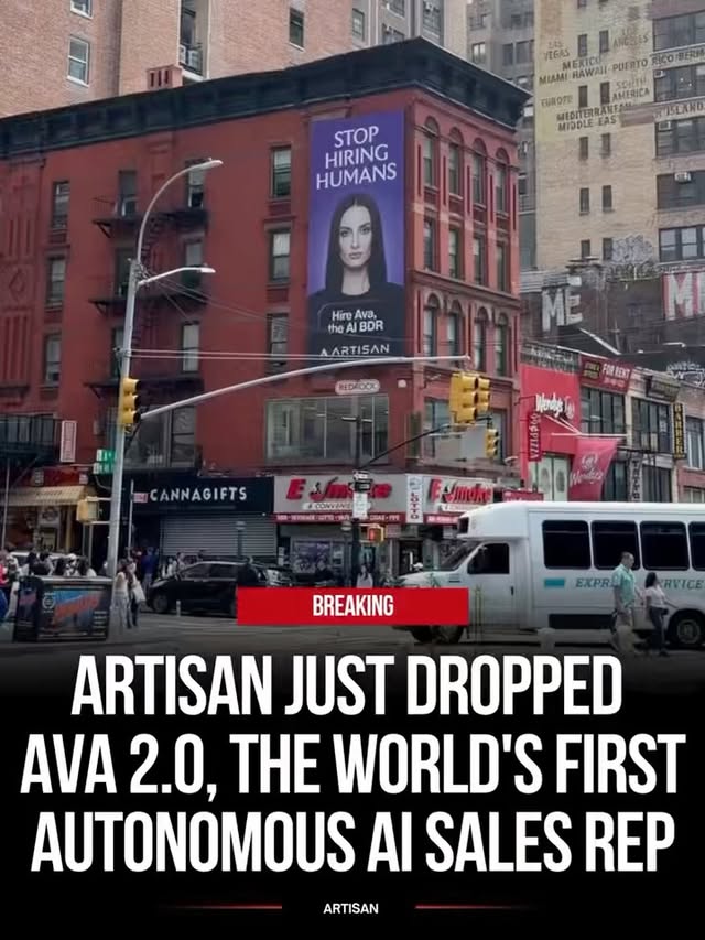 Artisan just dropped Ava 2.0, the world’s first autonomous AI sales rep. And it runs the entire outbound workflow with no human in the loop:

Lead research

Intent tracking

Personalized outreach

Objection handling

Calendar booking

The billboard was the warning shot. The product is the actual point.

Genius marketing, or did they take it too far?
Either way, everyone is talking about Artisan.
Artisan is giving everyone $300 in free credits.

#artisanpartner