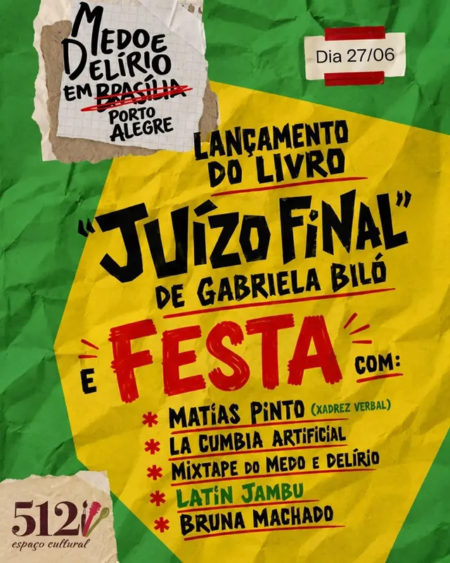 Alou #PortoAlegre tamo chegando com OUSADIA E ALEGRIA!Festa e lançamento do livro!!! Boooooora?. Lançamento do Livro e Festa Medo e Delírio em Porto AlegreData: 27 de junho de 2026 (Sábado)Local: Espaço 512 (Rua João Alfredo, 512 – Cidade Baixa)Programação:17h: Lançamento do livro (Entrada Franca)20h: Início da festa (mediante ingressos no site do @espacocultural512 by @medoedelirioembrasiliapodcast
