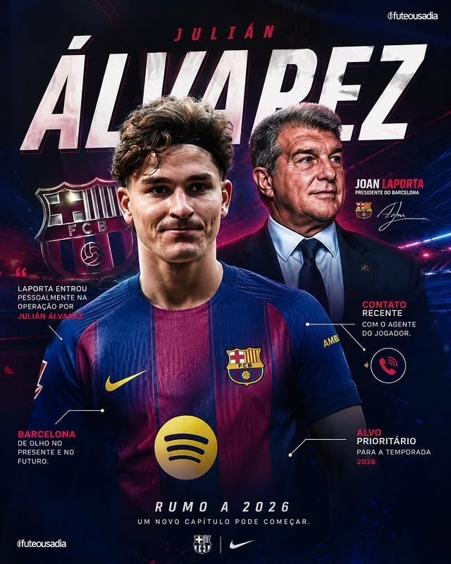 🚨🚨🚨🚨AGORA!!!Joan Laporta agora entrou pessoalmente na operação por Julian Alvarez e falou com seu agente muito recentemente. O Barcelona continua mirando Julian Alvarez, isso pode demorar. Eles transmitem calma porque sabem que o desejo do jogador é se juntar ao Barça se ele sair, mas esperam mais movimentos do jogador e querem que Alvarez faça um pouco mais.