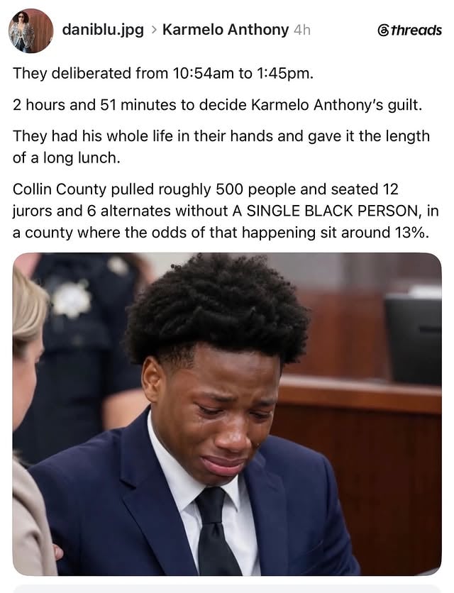 THERE ARE UNDOUBTEDLY TWO SEPARATE 
“JUSTICE” SYSTEMS IN AMERICA… THIS IS OURS.
#TeamDL

@thekingcenter :
This is America. Again. And again. #KarmeloAnthony
